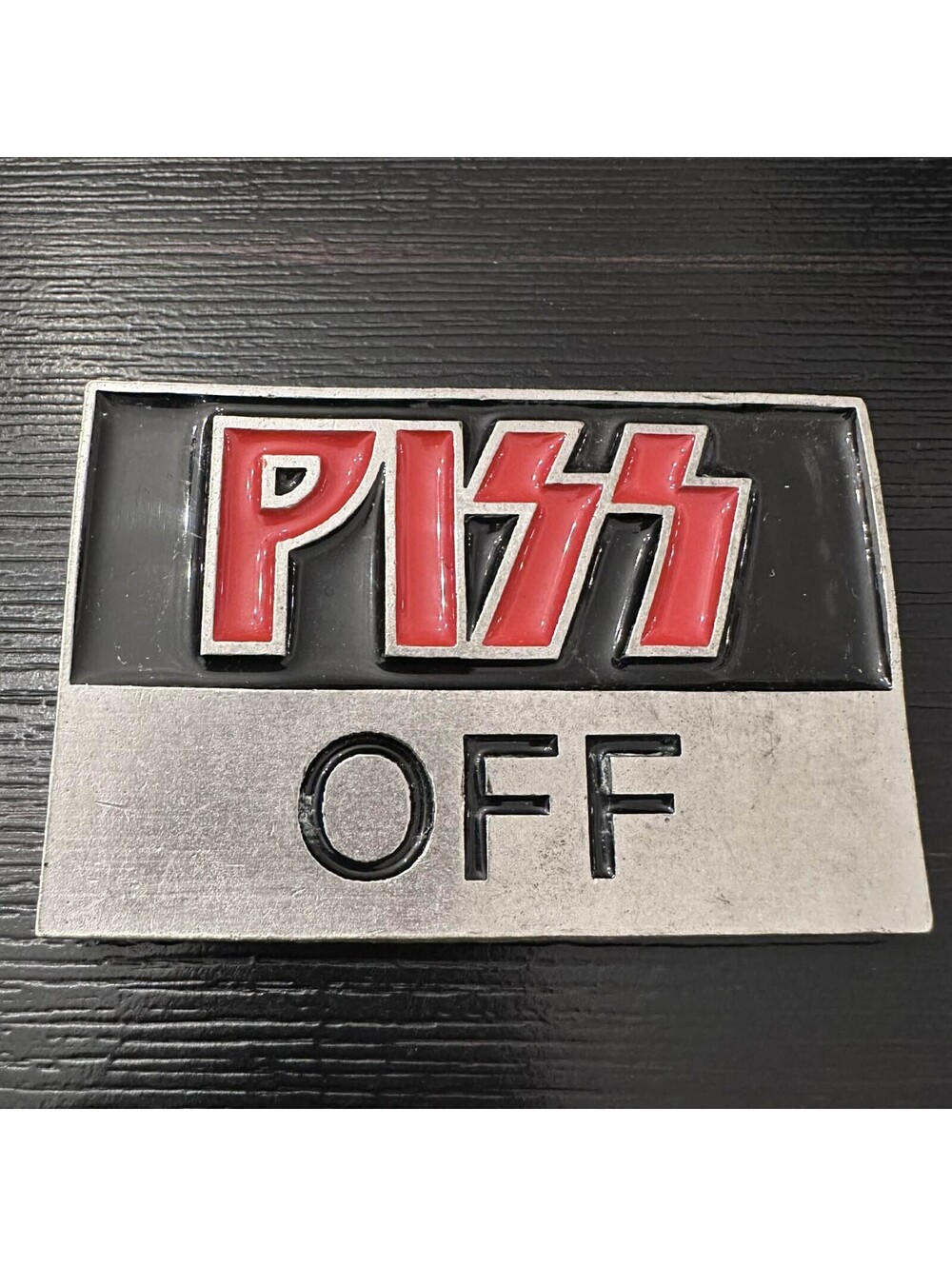 Vintage Piss Off Novelty Belt Buckle Mobtown 2005 Red Black Silver VGC
